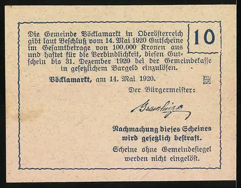 Notgeld Vöcklamarkt 1920, 10 Heller, Dorflandschaft mit Kirche im Hintergrund