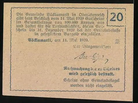 Notgeld Vöcklamarkt 1920, 20 Heller, Stadtansicht und Text, Signatur des Bürgermeisters