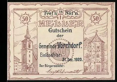 Notgeld Vorchdorf 1920, 50 Heller, Kirche, Gebäude und Landschaft Messenbach um 1600