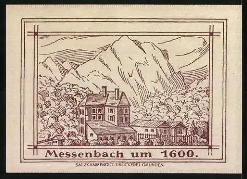 Notgeld Vorchdorf 1920, 50 Heller, Kirche, Gebäude und Landschaft Messenbach um 1600