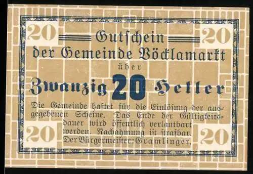 Notgeld Vöcklamarkt, 20 Heller, Gutschein der Gemeinde über Zwanzig Heller