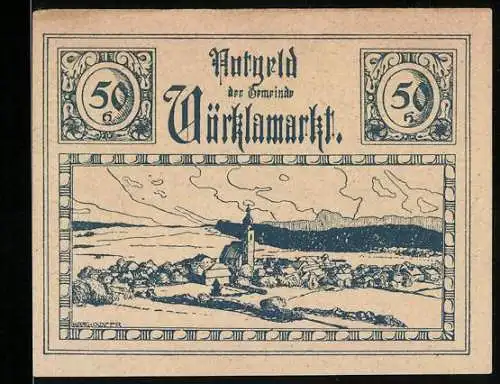 Notgeld Vöcklamarkt 1920, 50 Heller, Landschaftspanorama mit Kirche und Dorfansicht