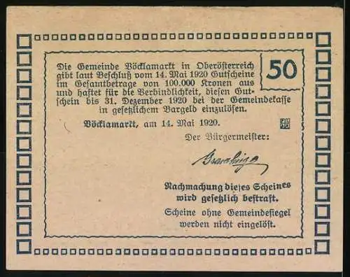 Notgeld Vöcklamarkt 1920, 50 Heller, Landschaftspanorama mit Kirche und Dorfansicht