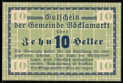 Notgeld Vöcklamarkt, 10 Heller, Text mit Gitterhintergrund und Bürgermeisterunterschrift