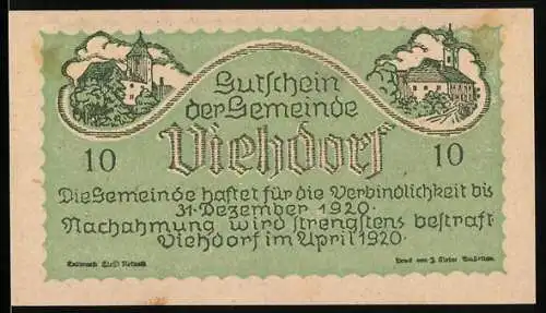 Notgeld Viehdorf 1920, 10 Heller, Landschaft und Viehherde Motive