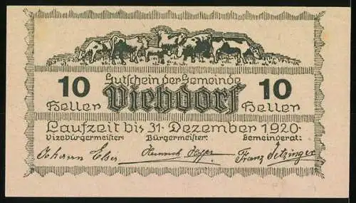 Notgeld Viehdorf 1920, 10 Heller, Landschaft und Viehherde Motive