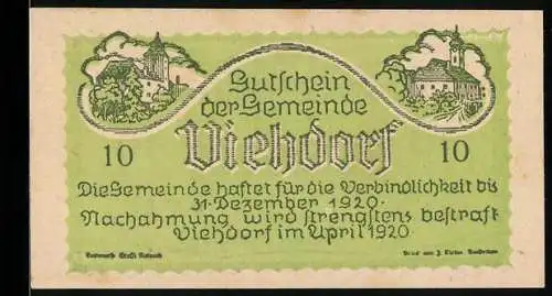 Notgeld Viehdorf 1920, 10 Heller, Ortsansichten und Viehherde, Laufzeit bis 31. Dezember 1920