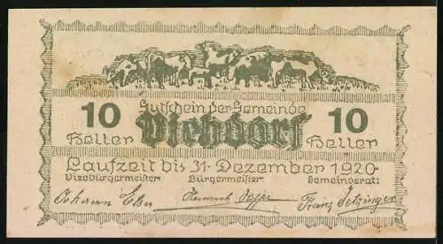 Notgeld Viehdorf 1920, 10 Heller, Ortsansichten und Viehherde, Laufzeit bis 31. Dezember 1920