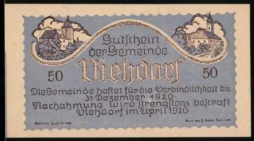 Notgeld Viehdorf 1920, 50 Heller, Dorfansicht und Viehherde-Motiv