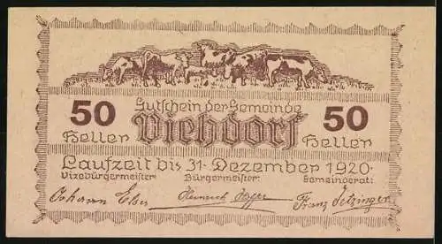 Notgeld Viehdorf 1920, 50 Heller, Dorfansicht und Viehherde-Motiv