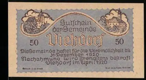 Notgeld Viehdorf 1920, 50 Heller, Burgen und Viehherde-Motiv