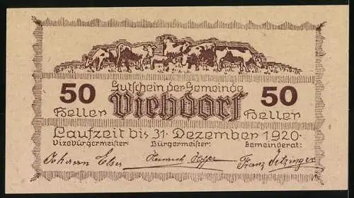 Notgeld Viehdorf 1920, 50 Heller, Burgen und Viehherde-Motiv