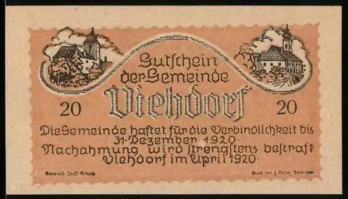 Notgeld Viehdorf 1920, 20 Heller, Landschaft mit Kirche und Kühen