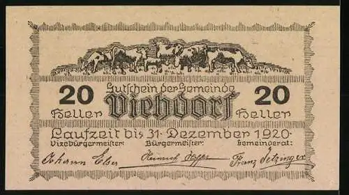 Notgeld Viehdorf 1920, 20 Heller, Landschaft mit Kirche und Kühen