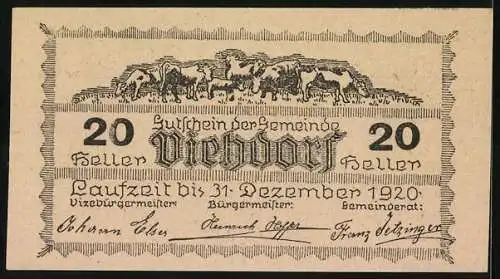 Notgeld Viehdorf 1920, 20 Heller, Dorfansichten und Viehherde