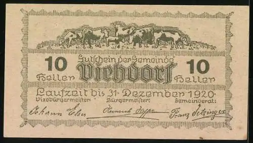 Notgeld Viehdorf 1920, 10 Heller, Landschaftsansichten und Viehherde
