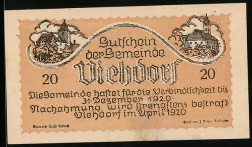 Notgeld Viehdorf 1920, 20 Heller, Landschaft mit Kirche und Kühen