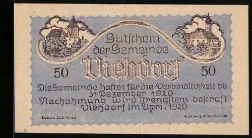 Notgeld Viehdorf 1920, 50 Heller, Dorflandschaft und Viehherde, gültig bis 31. Dezember 1920