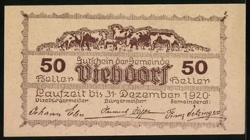 Notgeld Viehdorf 1920, 50 Heller, Dorflandschaft und Viehherde, gültig bis 31. Dezember 1920