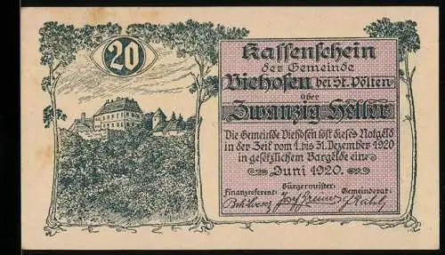 Notgeld Viehofen 1920, 20 Heller, Burgansicht und Bäume