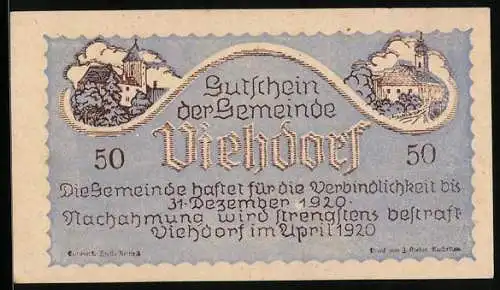 Notgeld Viehdorf 1920, 50 Heller, Ortsansichten und Viehherde