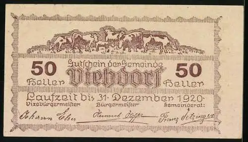 Notgeld Viehdorf 1920, 50 Heller, Ortsansichten und Viehherde