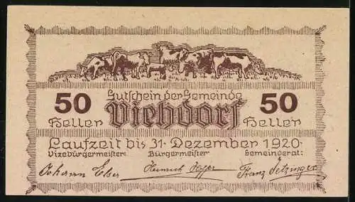 Notgeld Viehdorf 1920, 50 Heller, ländliche Szenen und Viehherde