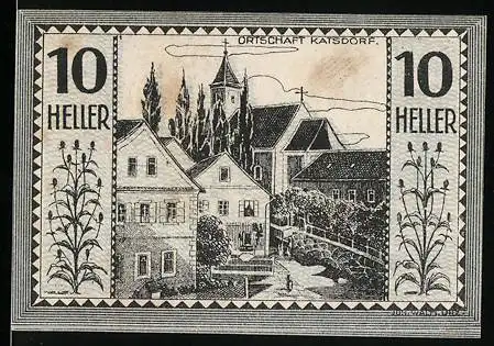 Notgeld Bodendorf 1920, 10 Heller, Ortsansicht Katsdorf mit Kirche und Gebäuden