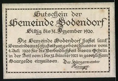 Notgeld Bodendorf 1920, 10 Heller, Ortsansicht Katsdorf mit Kirche und Gebäuden