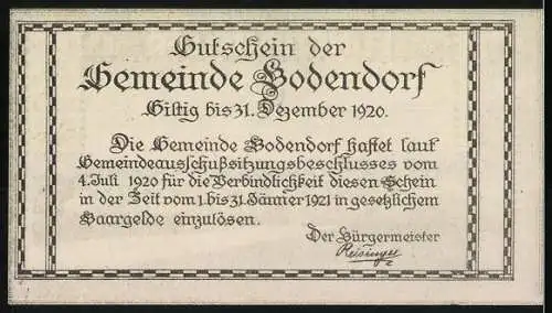 Notgeld Bodendorf 1920, 50 Heller, Landschaftsansicht von Katzdorf