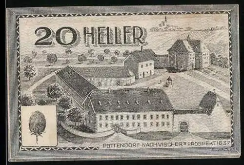 Notgeld Bodendorf 1920, 20 Heller, Schlossansicht nach Vischer 1637, Landschaftsmotiv