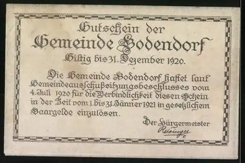 Notgeld Bodendorf 1920, 20 Heller, Schlossansicht nach Vischer 1637, Landschaftsmotiv