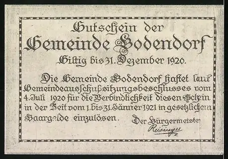 Notgeld Bodendorf 1920, 10 Heller, Katsdorf mit Kirche und Wohnhäusern