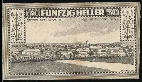 Notgeld Bodendorf 1920, 50 Heller, Dorflandschaft mit Kirche und Häusern