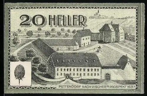 Notgeld Bodendorf 1920, 20 Heller, Schlossansicht Pottendorf nach Vischer`s Prospekt 1637