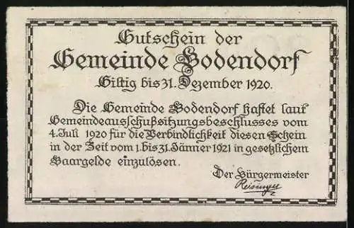 Notgeld Bodendorf 1920, 20 Heller, Schlossansicht Pottendorf nach Vischer`s Prospekt 1637