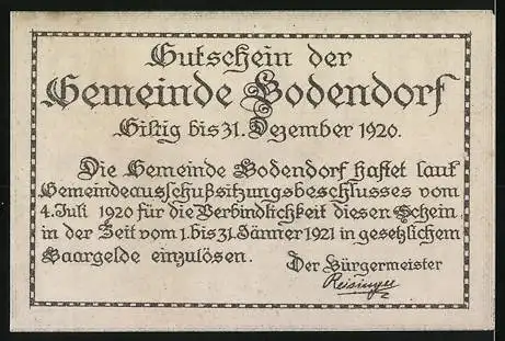 Notgeld Bodendorf 1920, 10 Heller, Dorfszene mit Kirche und Häusern