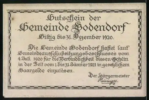 Notgeld Bodendorf 1920, 20 Heller, Pottendorf nach Vischer`s Prospekt 1637