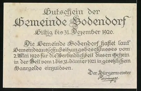 Notgeld Bodendorf 1920, 10 Heller, Rekonvaleszentenheim und Distelmotiv