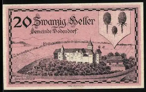 Notgeld Bodendorf 1920, 20 Heller, Schlosslandschaft und Wappen mit Pflanzenmotiven