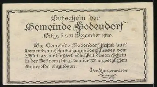 Notgeld Bodendorf 1920, 50 Heller, Landschaft mit Dorfansicht