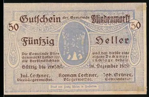 Notgeld Blindenmarkt 1920, 50 Heller, Gutschein mit Wappen und Schriftzug, Niederösterreich