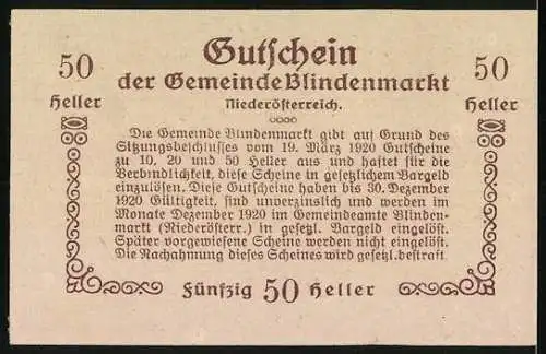 Notgeld Blindenmarkt 1920, 50 Heller, Gutschein mit Wappen und Schriftzug, Niederösterreich