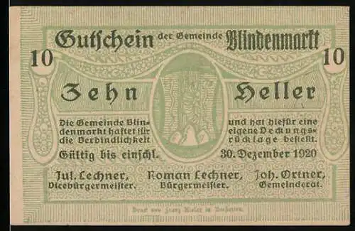 Notgeld Blindenmarkt 1920, 10 Heller, Gemeinde mit Baum-Motiv und Text zur Gültigkeit