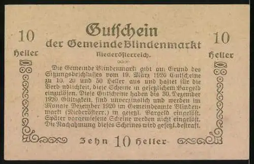 Notgeld Blindenmarkt 1920, 10 Heller, Gemeinde mit Baum-Motiv und Text zur Gültigkeit