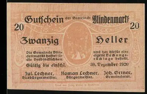 Notgeld Blindenmarkt 1920, 20 Heller, Gutschein der Gemeinde Blindenmarkt, Niederösterreich