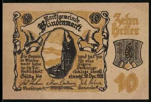 Notgeld Blindenmarkt 1920, 10 Heller, Kirche und Wappen, dekorativer Textrahmen