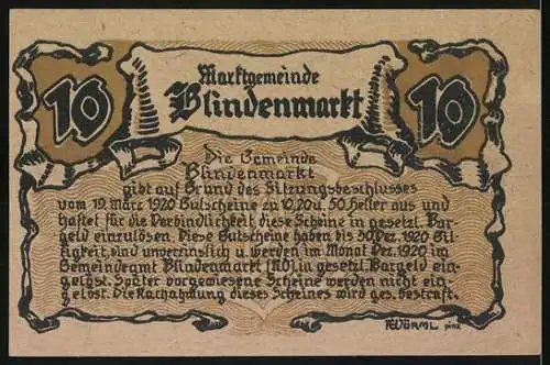 Notgeld Blindenmarkt 1920, 10 Heller, Kirche und Wappen, dekorativer Textrahmen