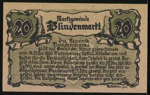 Notgeld Blindenmarkt 1920, 20 Heller, Kirche und Wappen