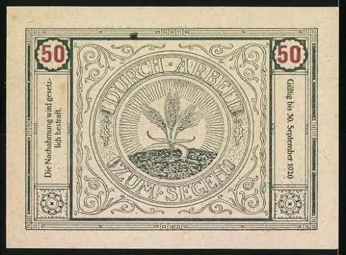 Notgeld Bischofstetten 1920, 50 Heller, Stadtansicht und Spruch Durch Arbeit zum Segen